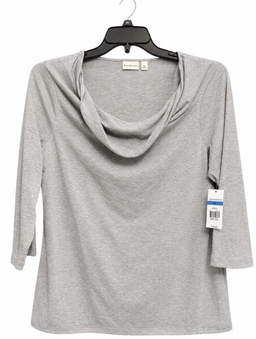 Kim Rogers Gray Cowl Neck 3/4 Sleeve Top NWT